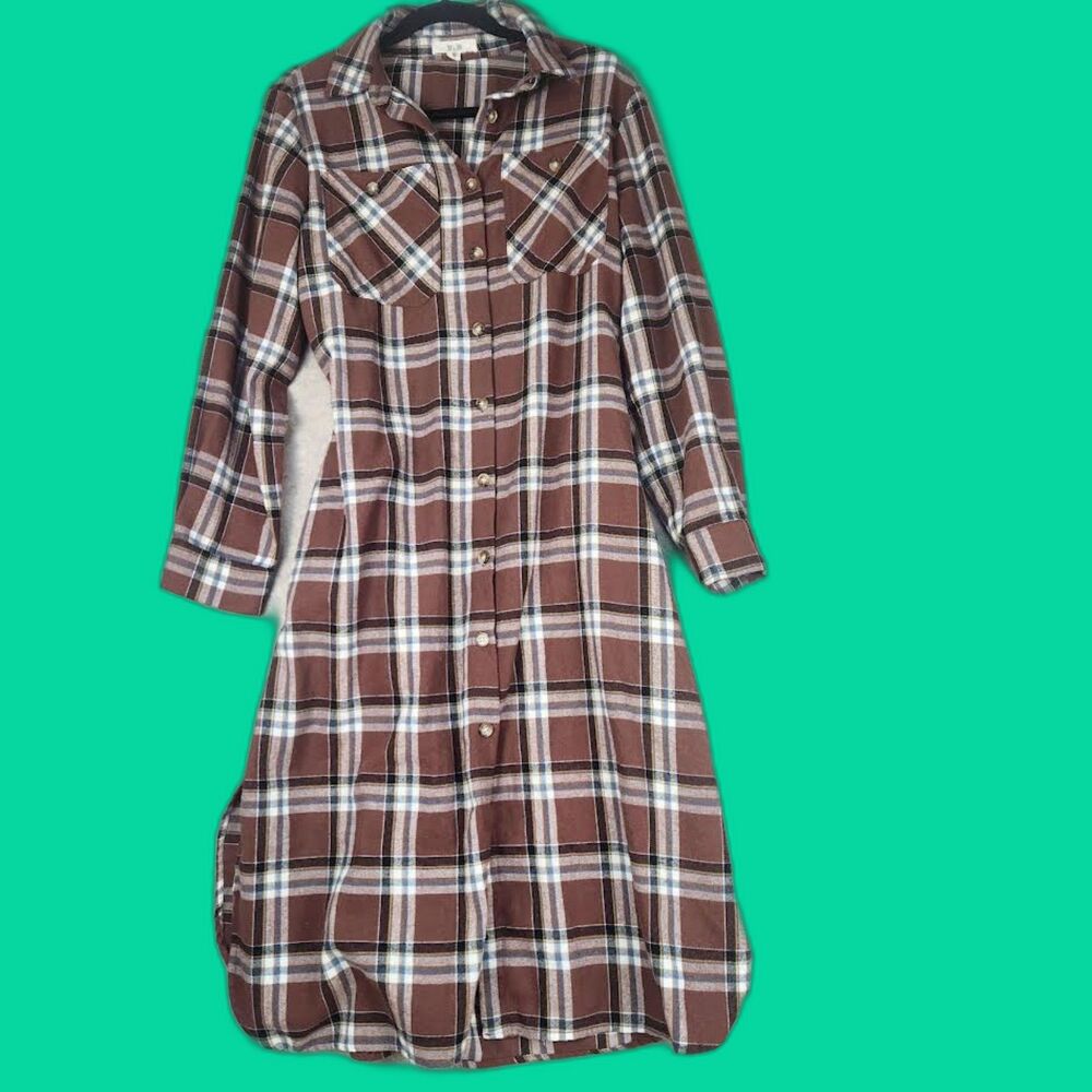 Jade By Jane Brown Check Flannel Dress Size Large  Western Boho Grunge Y2K